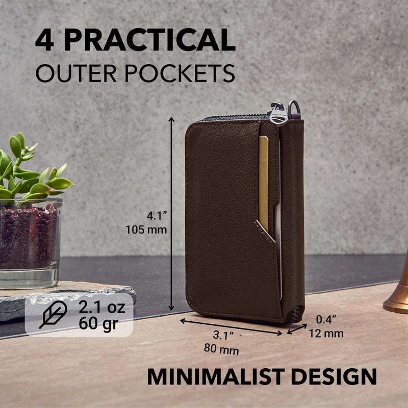 Vaultskin NOTTING HILL Minimalist Leather Zipper Wallet for Women and Men: Slim Multi Cardholder with RFID Blocking and Keychain Ring (Brown) - Image 4
